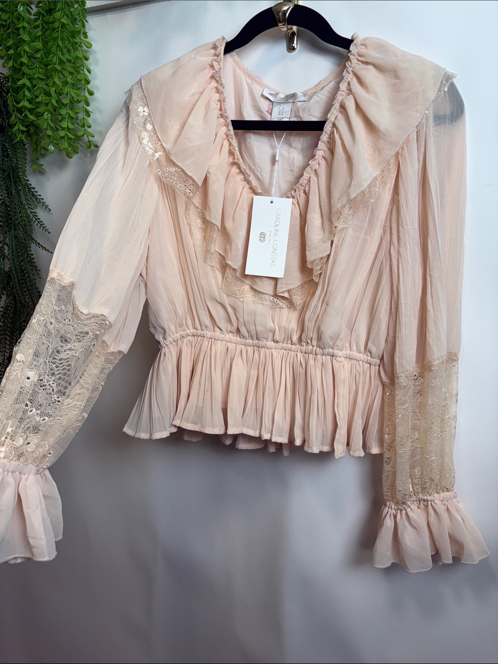 Caroline Constas Pale Blush Ruffled Lace Peasant Top